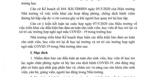 Kế hoạch triển khai thực hiện các hoạt động đảm bảo an toàn cho sinh viên , học viên đi học trở lại và xử lý các trường hợp nghi ngờ mắc COVID-19 trong trường học